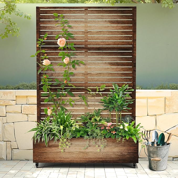 Raised Garden Bed with Trellis and Wheels,73"x47"x16" Metal Raised Garden Bed,Vintage Wood Finish Metal Planter with Climbing Trellis for Vines & Vegetables