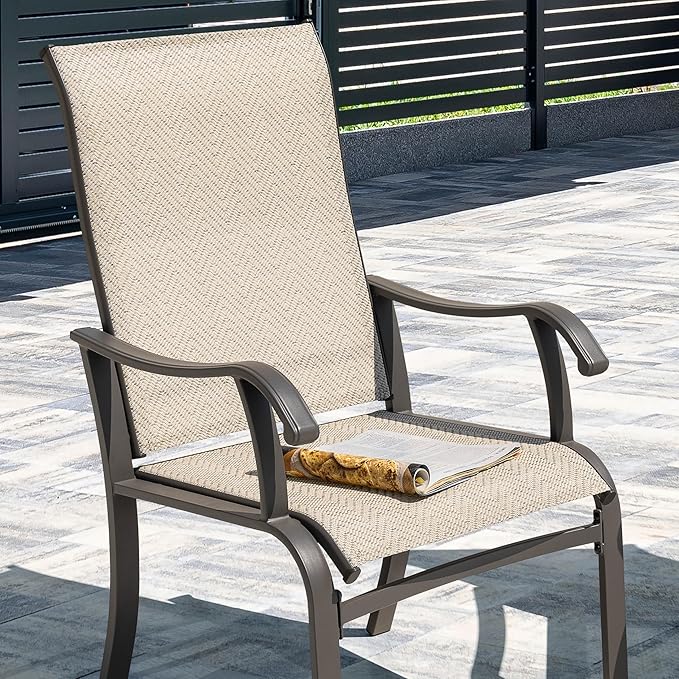 NUU GARDEN Patio Dining Chairs Set of 2, Outdoor Dining Chair with Powder-Coated Frame, All Weather Metal Dining Chairs with Textilene High Back and Wider Seat for Backyard, Deck, Balcony, Beige