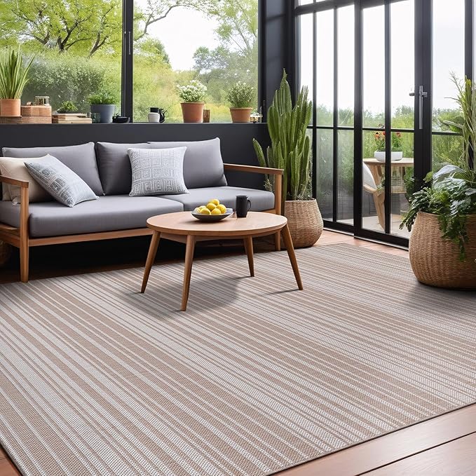Stripe Outdoor Rug 5x7 Washable Outside Carpet for Indoor Patio Porch Waterproof Easy Cleaning Non Shedding Area Rugs Beige 5 x 7
