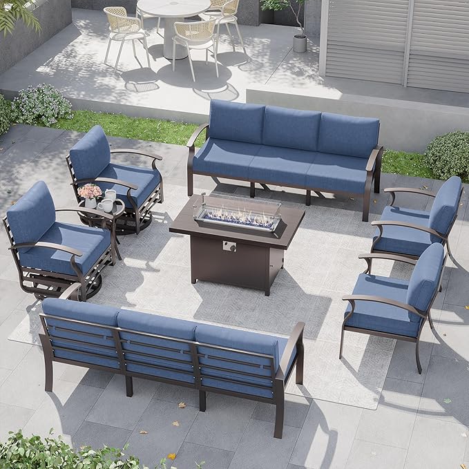 Kurapika Aluminum Patio Furniture Set 10-Seat Modern Metal Outdoor Conversation Sets w/45in Propane Fire Pit Table, Swivel Rocking Chairs Patio Sectional Sofa w/5.1 Inch Cushion, Navy Blue