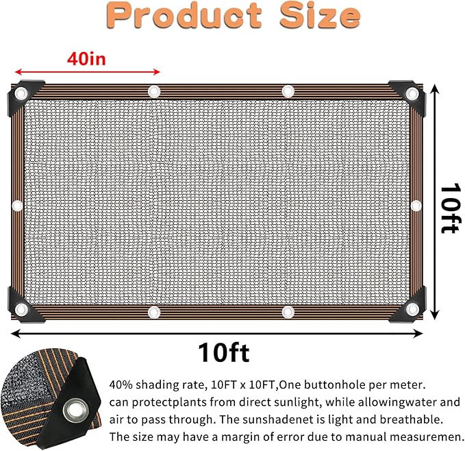 Shade Cloth for Garden Plants,10'x10' Shade Neting,40% Shade Cover for Plants Greenhouse Outdoor Pergola Lawn Sun Shade Cloths for Kennel Chicken Coop Easier to Hang Shade Net Cover