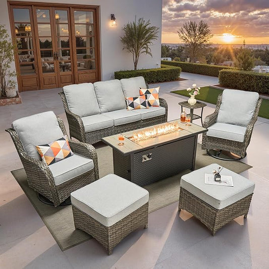 ovios 7 Pieces Patio Furniture Set, Outdoor Wicker Sofa Couch with Swivel Chairs 54" Fire Pit Table, All Weather High Back Modern Conversation Sets, Grey Rattan, Grey