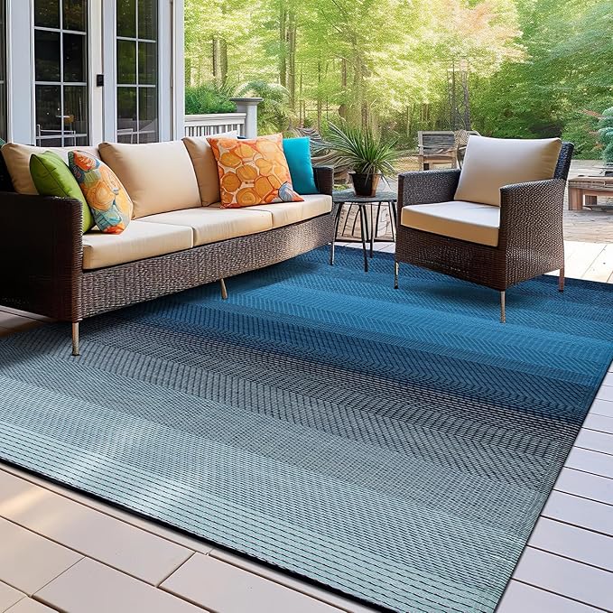 Rugshop Stripe Shade Reversible Crease-Free Waterproof Premium Recycled Plastic Outdoor Rugs for Patio,Backyard,RV,Deck,Picnic,Trailer,Beach,Camping,Sunroom Sky/Blue 7'10" x 10'