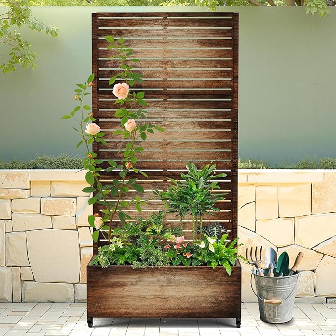 Raised Garden Bed with Trellis and Wheels,73"x35"x16" Metal Raised Garden Bed,Vintage Wood Finish Metal Planter with Climbing Trellis for Vines & Vegetables