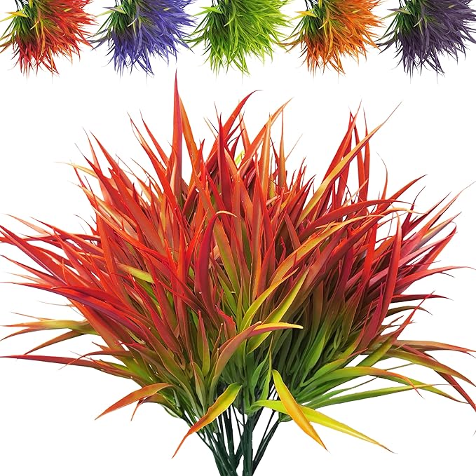 Outdoor Artificial Plants 8 Bundles Fake Plants Grass UV Resistant Fake Flowers Bush Greenery,17Inch Tall Faux Grass Shrubs for Home Porch Pathway Garden Décor Outside Indoor (red)