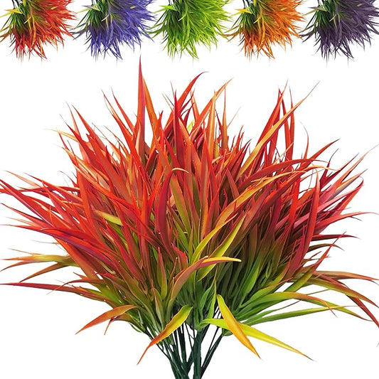 Outdoor Artificial Plants 8 Bundles Fake Plants Grass UV Resistant Fake Flowers Bush Greenery,17Inch Tall Faux Grass Shrubs for Home Porch Pathway Garden Décor Outside Indoor (red)