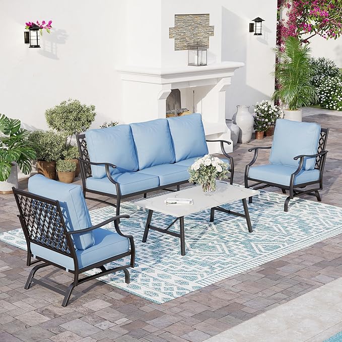 4 Piece Metal Outdoor Patio Furniture Set, Patio Conversation Set 1 3-seater Sofa, 2 Rocking Chair with 5.75" Extra Thick Cushion and Coffee Table, Black Frame Backyard Furniture, Blue