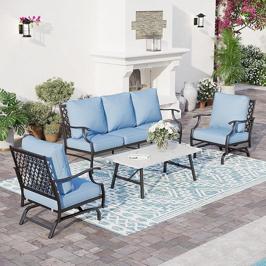 4 Piece Metal Outdoor Patio Furniture Set, Patio Conversation Set 1 3-seater Sofa, 2 Rocking Chair with 5.75" Extra Thick Cushion and Coffee Table, Black Frame Backyard Furniture, Blue