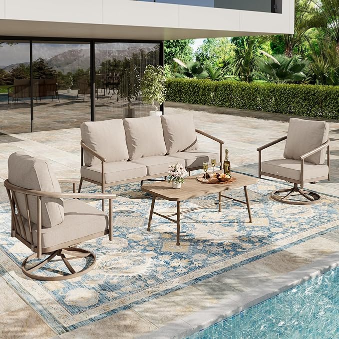 Outdoor Patio Furniture Set with Swivel Chairs, 4-Piece Steel Patio Outdoor Conversation Sets with Washable Thick Cushions, Windsor Outdoor Patio Sectional for Garden, Backyard, Balcony-Beige