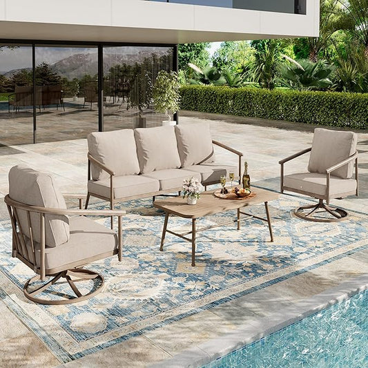 Outdoor Patio Furniture Set with Swivel Chairs, 4-Piece Steel Patio Outdoor Conversation Sets with Washable Thick Cushions, Windsor Outdoor Patio Sectional for Garden, Backyard, Balcony-Beige