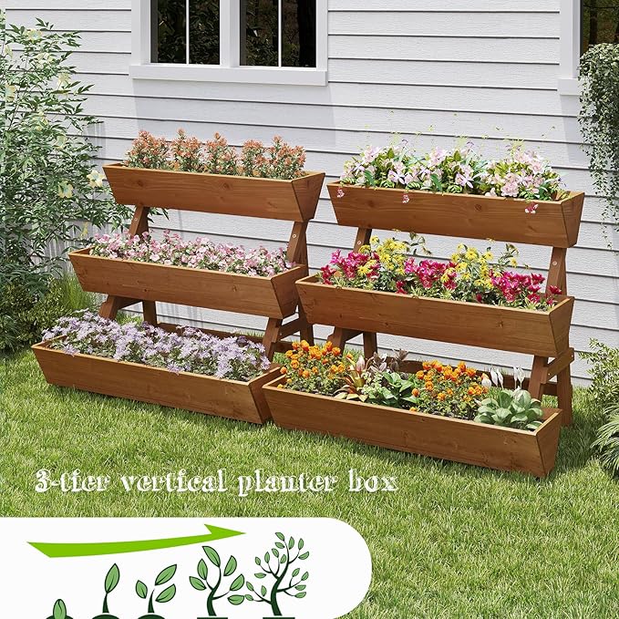 3-Tiers Wooden Raised Garden Bed Tiered Planter Box Vertical Garden Planter Wood Plant Stand for Patio, Balcony, Freestanding. (Brown L)