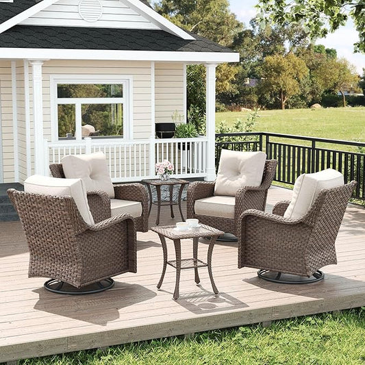 LayinSun 6 Piece Wicker Outdoor Furniture Set with 6-inch Comfy Cushions, High Back Patio Furniture Set with Swivel Rocking Chairs and Side Table