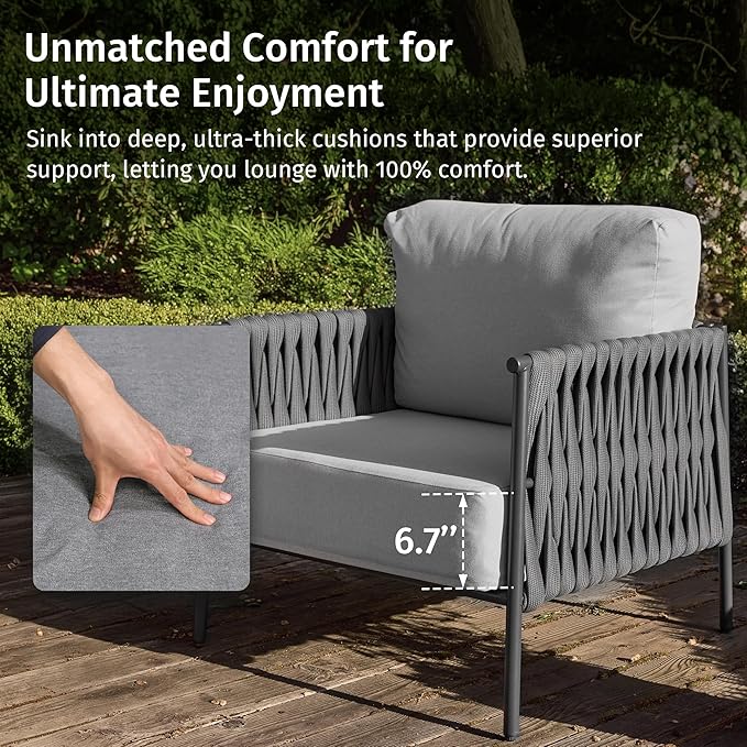 EAST OAK 3-Piece Patio Furniture Set | Armchairs & Coffee Table | Outdoor Furniture with Cushions | Deep Seating Modern Conversation Set | Garden, Porch, Balcony & Backyard | Misty Grey