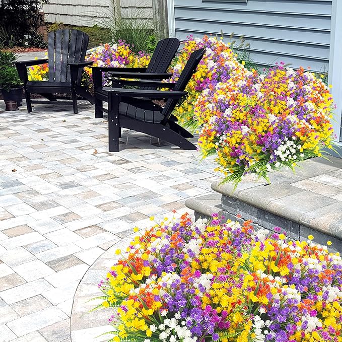 24 Bundles Artificial Flowers for Outdoor Decoration UV Resistant Fake Plastic Plants Faux Boston Fern Artificial Greenery for Summer Indoor Outdoor Garden Patio Window Box Kitchen Home Decor