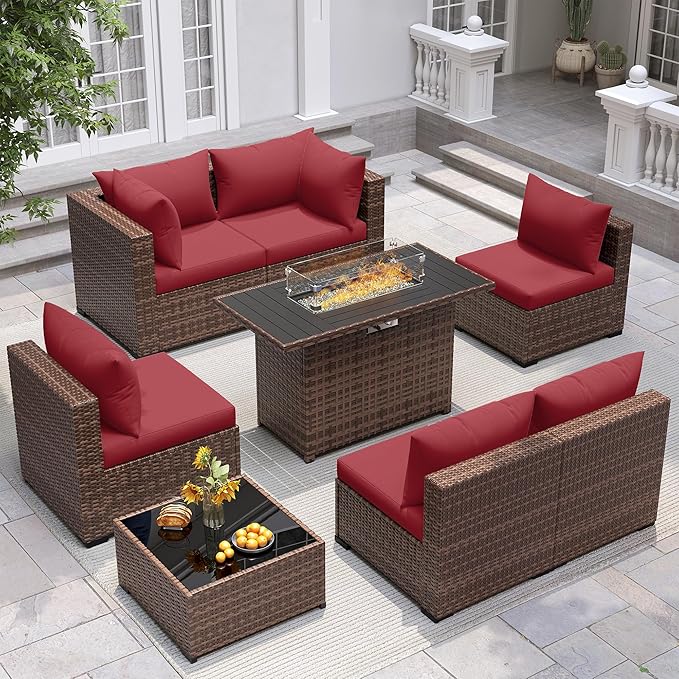 UDPATIO Outdoor Patio Furniture Set with Fire Pit Table, 8 Piece Outdoor Sectional Sofas, All-Weather Wicker Patio Conversation Set for Garden, Backyard Wine