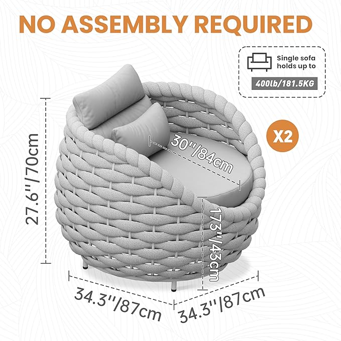 2 PCS Patio Deck Accent Chair: Large Woven Rope Chair Cushioned - Aluminum Modern Single Lounge Armchair Assembled - All Weather Outdoor Seating for 400lbs Lanai Balcony Porch Garden Hotel, Gray