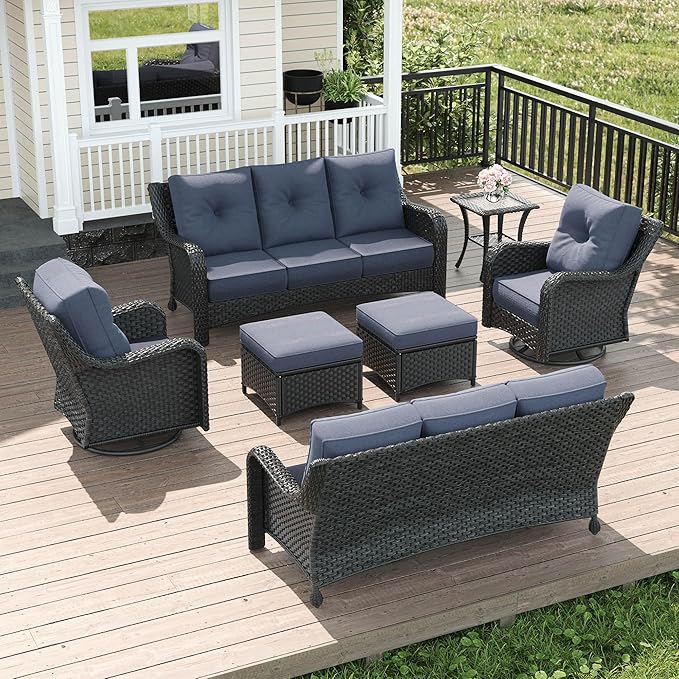 LayinSun 7 Piece Wicker Outdoor Furniture Set with 6-inch Comfy Cushions, High Back Patio Furniture Set with Swivel Rocking Chairs and Side Table