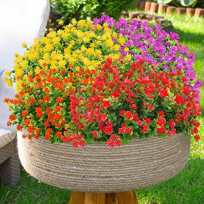 GREENRAIN Artificial Flowers Outdoor Fake Flowers for Decoration UV Resistant No Fade Faux Plastic Plants Garden Porch Window Box Décor (6 Bundles, 6#Red)