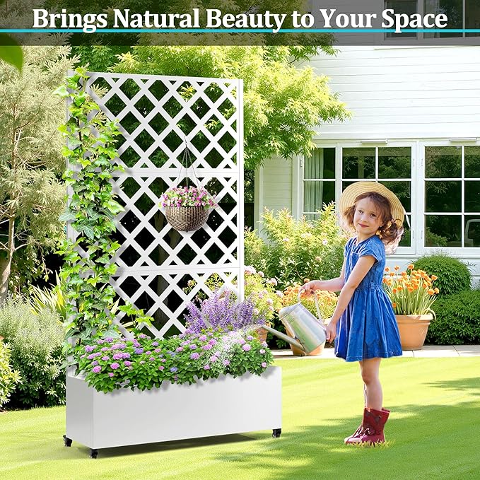 Metal Planter Box with Trellis, Planter Box with Privacy Screen, Privacy Trellis Outdoor for Climbing Plants with Drainage Holes, Raised Garden Bed with Wheels