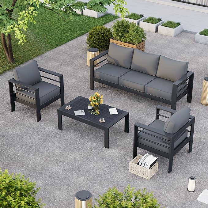 Aluminum Patio Furniture Set, Grey Metal Outdoor Furniture Set,6 Piece Patio Set with Waterproof Covers for Backyard Garden