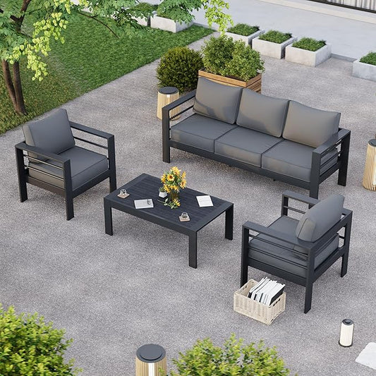 Aluminum Patio Furniture Set, Grey Metal Outdoor Furniture Set,6 Piece Patio Set with Waterproof Covers for Backyard Garden