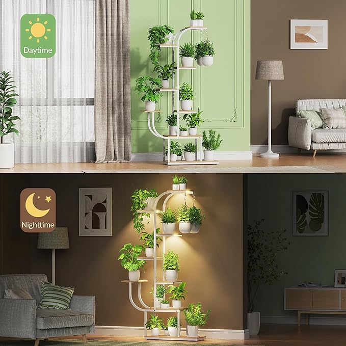 White Plant Stand, 7 Tier Tall Plant Shelf with Grow Light, Large Curve Shaped Lighted Plant Stand for Multiple Plants, Indoor Home Decor Display Rack