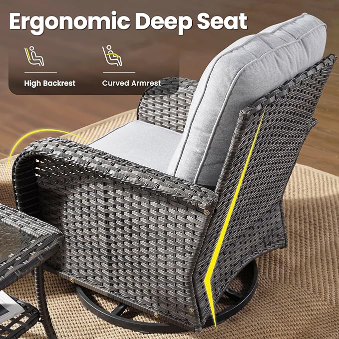 ovios 5 Pieces Patio Furniture Set, Outdoor Wicker Sofa with Swivel Chairs, Coffee Table, All Weather High Back Rattan Loveseat Couch with Comfy Cushions, Grey