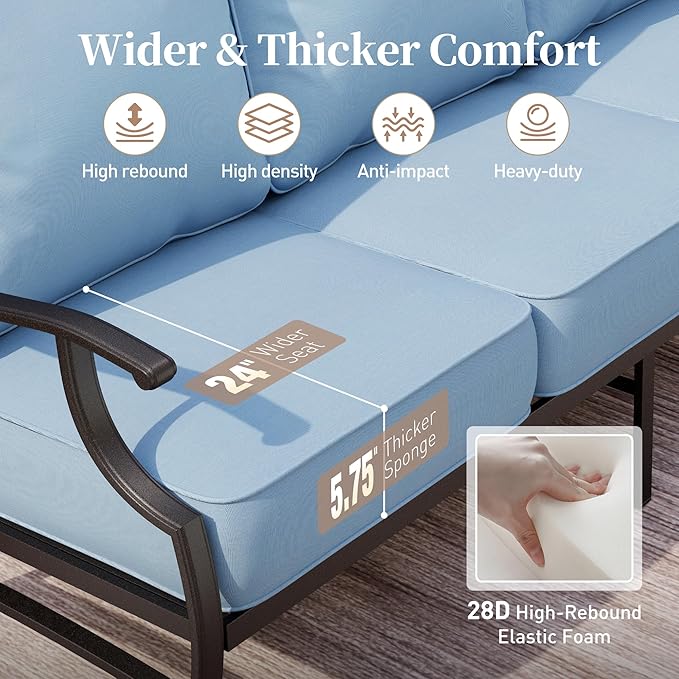 4 Piece Metal Outdoor Patio Furniture Sets, Patio Conversation Sets 1 3-seater Sofa, 2 Fixed Chair with 5.75" Extra Thick Cushion and Coffee Table, Black Frame Backyard Furniture, Blue