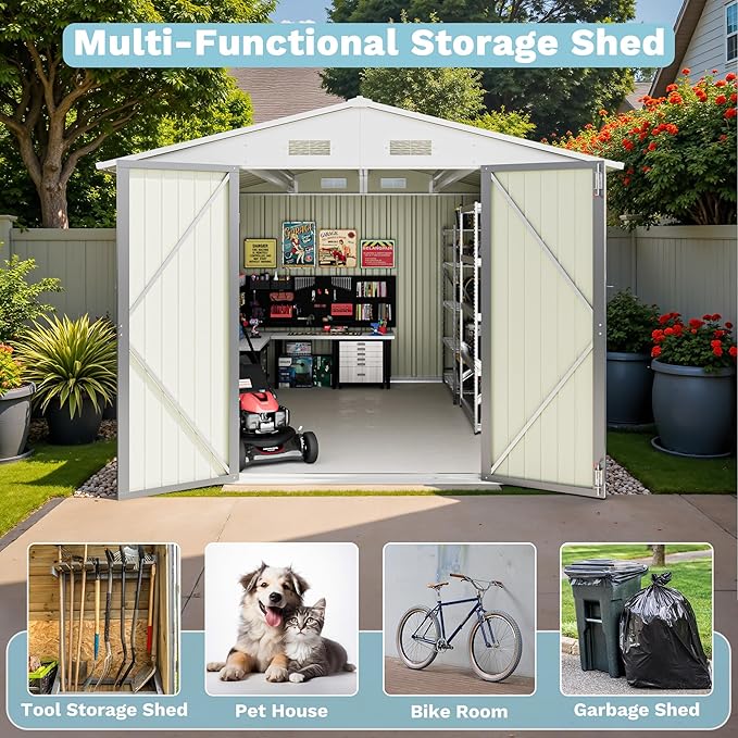 Greesum 8×10FT Outdoor Storage Shed, Metal Patio Storaged Sheds with Lockable Doors, Sheds & Outdoor Storage for Bike, Backyard, Pool and Garden, Gray