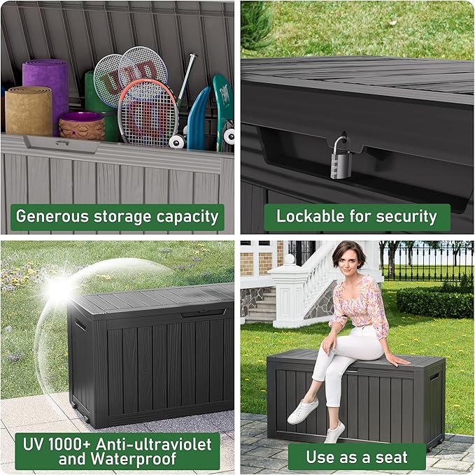 NUNU LAB 76 Gallon Deck Box, Large Resin Outdoor Storage Box, Waterproof Patio Storage Container with Double Wall Panels for Cushions, Garden Tools, Pool Toys, and Packages