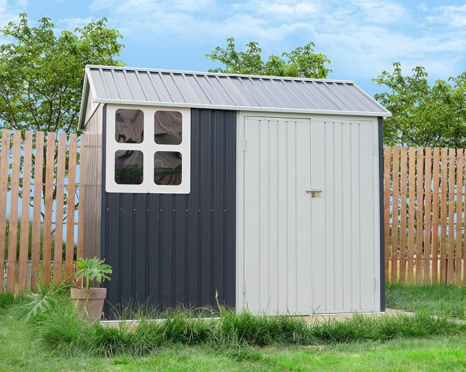 VanAcc 8x6x7.5 FT Shed 4-pane Window Nordic Cottage Storage Shed Outdoor Metal Garden House Double Hinged Lockable Doors for Backyard Garden Patio Lawn Dark Grey/White