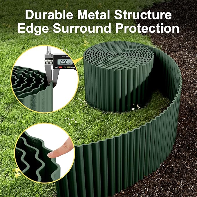 Land Guard Corrugated Metal Garden Edging, 12"×25Ft Steel Landscape Edging, Corrugated Metal Yard Edging Borders, Steel Edging for Landscaping, Garden Fence, Lawn, Flower Bed (Olive-Green)
