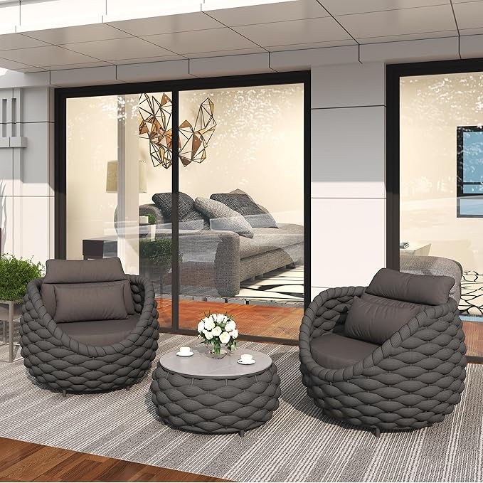 TWT 3 Pieces Aluminum Patio Furniture Set, Hand Woven Polyester Rope Modern Outdoor Set w/Washable Cushion Conversation Sofa Set Apartment Furniture for Poolside Balcony (Dark Grey)