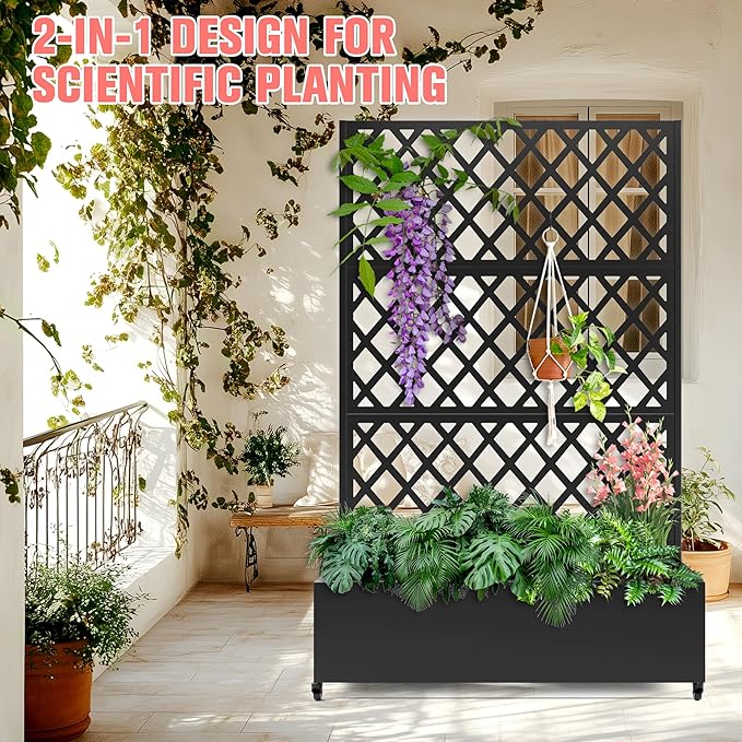 Metal Planter Box with Trellis, Raised Garder Bed with Drainage Hole, Privacy Screen & Trellis for Climbing Plants, Outdoor Plant Stands, 47''L×17''W×73''H, Black