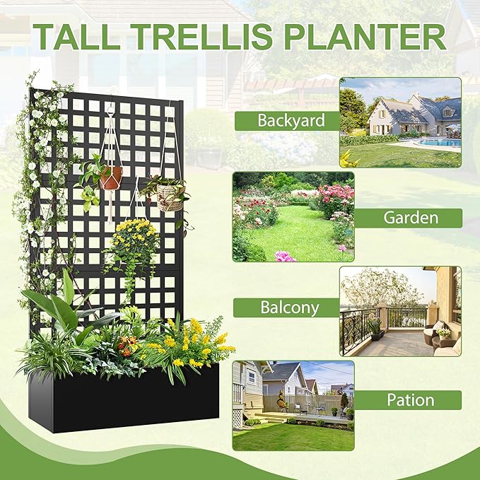 Metal Raised Garden Bed, Trellis Planters Bed with Drainage Holes for Climbing Plants, Vegetables Outdoor Privacy Screen with Planter Box 73"x35"x16", Black