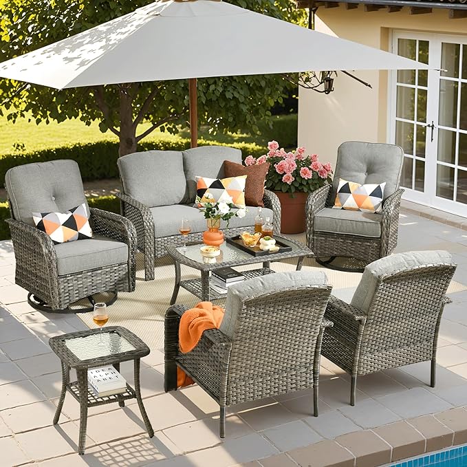 ovios 7 Pieces Patio Furniture Set, Outdoor Wicker Sofa with Swivel Chairs, Coffee Table, All Weather High Back Rattan Loveseat Couch with Comfy Cushions, Dark Grey