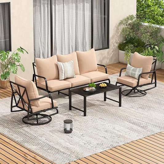 Soohow Patio Furniture Set, 4 Piece Outdoor Patio Furniture Set, 2 x Outdoor Swivel Chair, 1 x 3-Seats Sofa and 1 x Coffee Table, Metal Conversation Set for Porch, Balcony, and Backyard