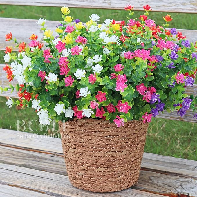 Artificial Flowers for Outdoors, 12 Bundles UV Resistant Realistic Faux Plants for Outside Porch Planter, Spring Summer Home Garden Decoration, Pink