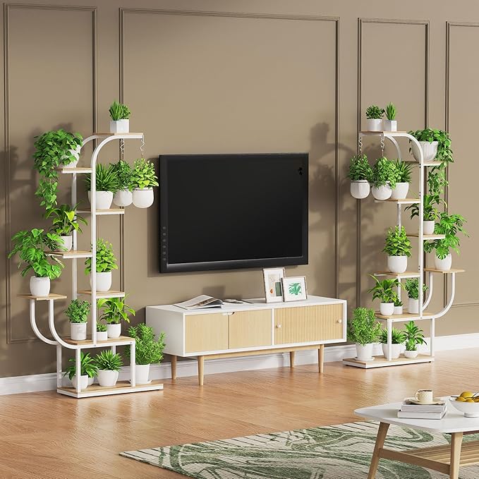 White Plant Stand, 7 Tier Tall Plant Shelf with Grow Light, Large Curve Shaped Lighted Plant Stand for Multiple Plants, Indoor Home Decor Display Rack