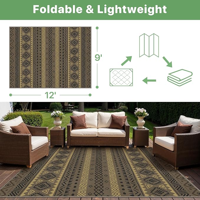 GENIMO Outdoor Rug for Patio Clearance, 9'x12' Reversible Plastic Straw Rugs, Lightweight Waterproof RV Camping Mat for Camper, Balcony, Deck, Backyard, Picnic, CoffeeBeige