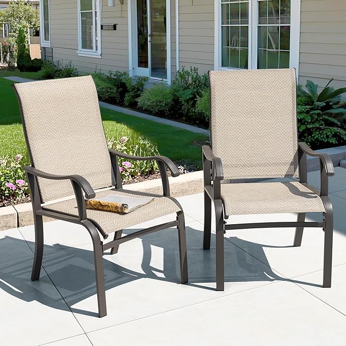 NUU GARDEN Patio Dining Chairs Set of 2, Outdoor Dining Chair with Powder-Coated Frame, All Weather Metal Dining Chairs with Textilene High Back and Wider Seat for Backyard, Deck, Balcony, Beige