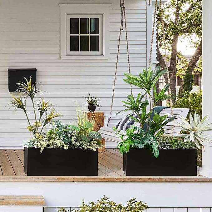 Wallowa Metallic Heavy Long and Large Outdoor/Indoor Planter, Rectangular Trough Planter Box, 38”Lx15”Wx15”H, 40Pounds, Black with Hand Brushed Gold Edge, No Assemble and Seamless