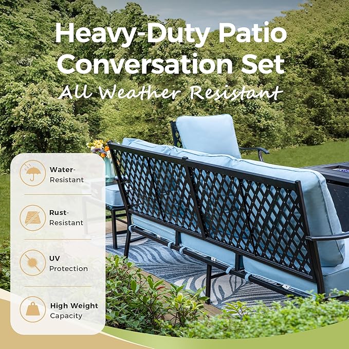 Patio Furniture Set 5 pcs, Outdoor Patio Furniture, 3-Seat Sofa, 2 Swivel Chairs, 2 Ottomans and 5.75" Extra Thick Cushion, Patio Conversation Set for Garden Backyard Deck,Blue