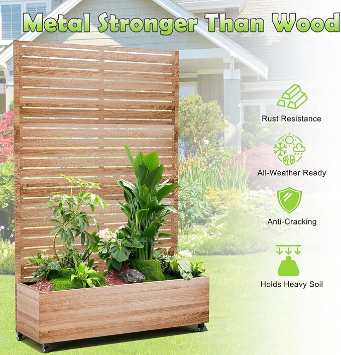 15.7"×70.9"×47.2" Metal Raised Garden Bed with Trellis and Wheels - Tall Trellis Planter Box for Climbing Plants, Vegetables & Vines - Outdoor Privacy Planters for Patio (Cut Oak Grain)