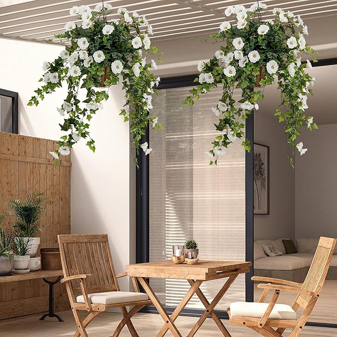 Artificial Flowers Faux Outdoor Plants Artificial Petunias for Outdoors Uv Resistant Fake Petunias Plants Hanging Flower Patio Decor Outside Basket Realistic Silk Plant No Pot(White 2pcs)