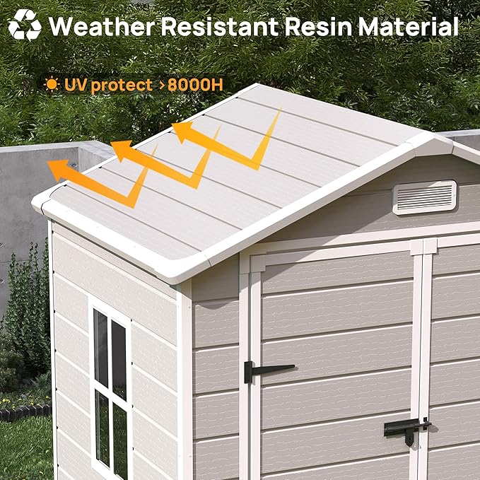 Resin Outdoor Storage Shed with Floor, 6x4.5 FT Plastic Garden Shed, Lockable Door & Window, Waterproof Tool Shed for Bike, Garbage Can, Lawn Mower, Patio Furniture Bedge