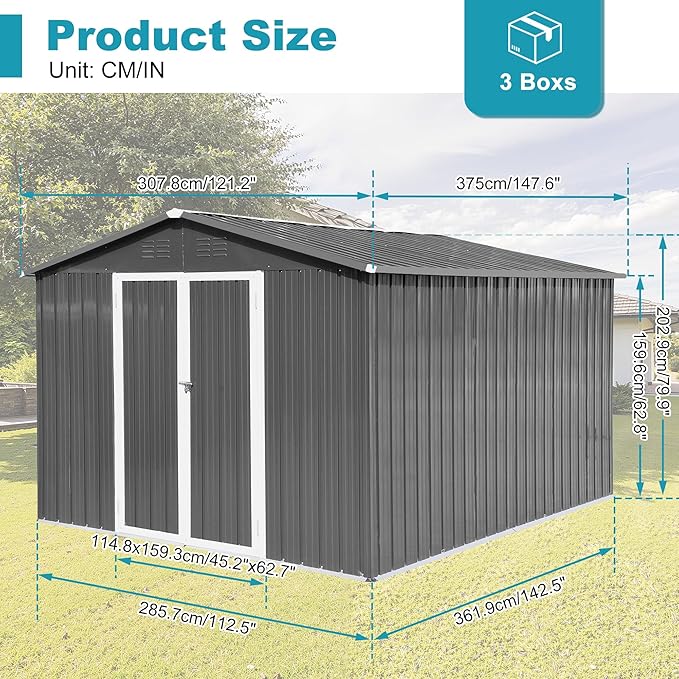 Sheds & Outdoor Storage 12 ft × 10 ft Storage Shed Large Classic Apex Roof Metal Garden Storage Sheds with Hinged Door Tool Cabinet for Backyard, Patio, Poolside, Gray