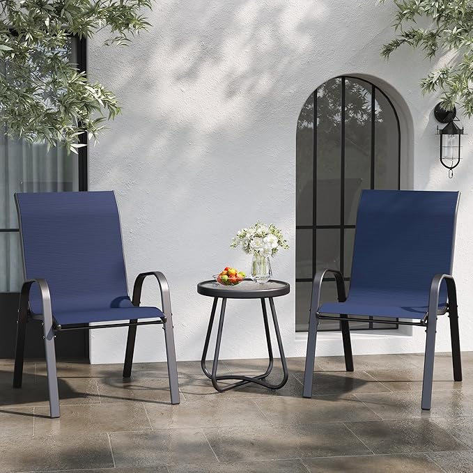 Patio Table and Chairs Set - 3 Piece Outdoor Stackable Dinging Chairs for All Weather,Breathable Garden Furniture for Deck Garden Backyard (Navy Blue)