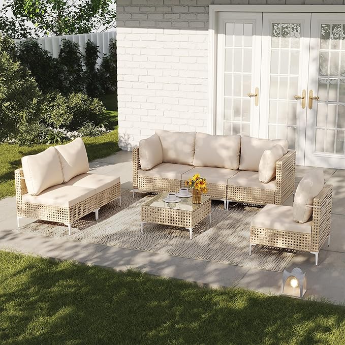 7 Piece Wicker Patio Furniture Set, Outdoor Sectional Sofa Set with Coffee Table and Water-Resistant Thick Cushions for Balcony, Deck, Garden, Backyard(Yellow/Beige)
