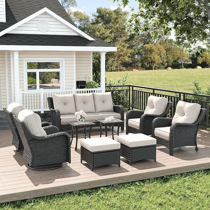 LayinSun 9 Piece Wicker Outdoor Furniture Set with 6-inch Comfy Cushions, High Back Patio Furniture Set with Swivel Rocking Chairs and Side Table